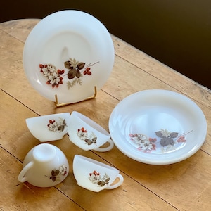 Puede incluir: Un juego de vajilla vintage de vidrio lechoso blanco con un diseño floral en tonos marrón, rojo y crema. El juego incluye un plato, un cuenco y cuatro tazas de té. Las tazas tienen asas.