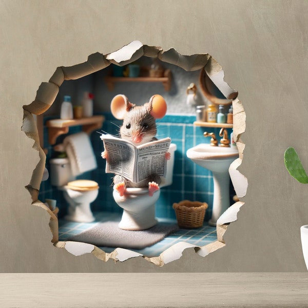 Muis zittend op toilet krant lezen - grillige muis gat muur sticker sticker - 3D schattige Home Decor muurschildering - grappige muis ontwerp 65