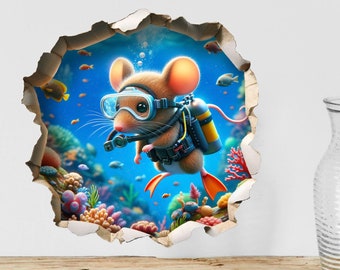 Plongée sous-marine - Sticker mural trou de souris fantaisiste - Décoration murale 3D mignonne - Conception drôle de souris sous-marine 35