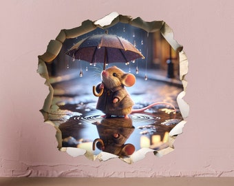 Souris avec parapluie sous la pluie - Sticker mural trou de souris fantaisiste - Décoration murale 3D mignonne - Conception drôle de souris pour les jours de pluie 67