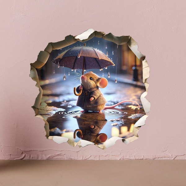 Mouse with Umbrella in the Rain - Whimsical Mouse Hole Wall Decal Sticker - 3D Cute Home Decor Mural - Funny Rainy Day Mouse Design 67