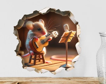 Mouse Playing Classic Guitar - Whimsical Mouse Hole Wall Decal Sticker - 3D Cute Home Decor Mural - Funny Guitarist Mouse Design 53