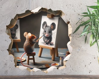 Souris peignant un autoportrait - Autocollant fantaisiste de décalcomanie murale de trou de souris - Peinture murale de décoration intérieure mignonne 3D - Conception artistique drôle de souris 52