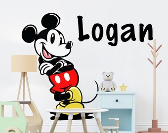 Stickers muraux Mickey personnalisés avec nom personnalisé, personnages populaires pour enfants, décorations de chambre, décalcomanie amovible, décoration d'intérieur, art mural en vinyle pour enfants