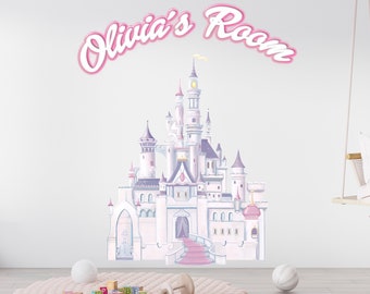Sticker mural château de princesse Disney nom personnalisé Sticker amovible vinyle art mural chambre de filles cadeau d'anniversaire