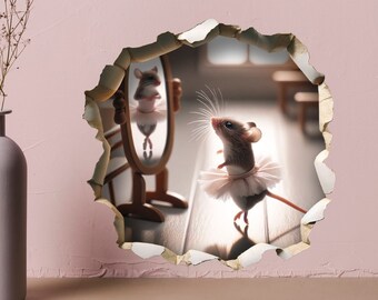 Ballerina Mouse - Whimsical Mouse Hole Wall Decal Sticker - 3D Cute Home Decor Mural - Funny Dance Mouse Design 28