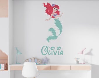 Ariel Princess Personalized Custom Name Wall Stickers Children's Popular Characters Removable Decal Decor Wall Art Customized Vinyl Mural