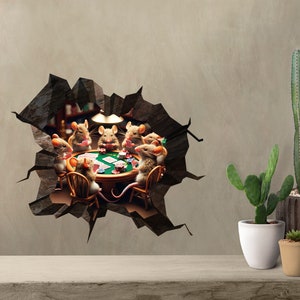 Mäuse spielen Poker - wunderlicher Mausloch Wandaufkleber - 3D niedliches Wohndekor - Lustiges Kartenspiel Maus Design 16