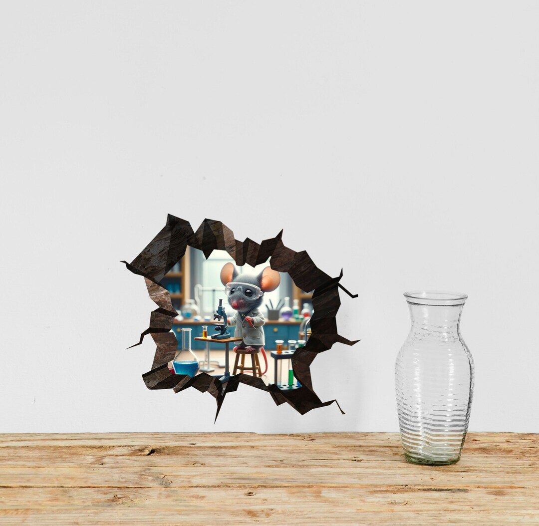 Scientist Mouse - Whimsical Mouse Hole Wall Decal Sticker - 3D Cute ...