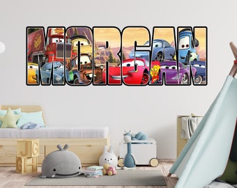 May include: A Cars-themed wall decal with the name "MORGAN" spelled out in black letters. Each letter is filled with a different character from the Cars movie, including Lightning McQueen, Mater, and Doc Hudson.
