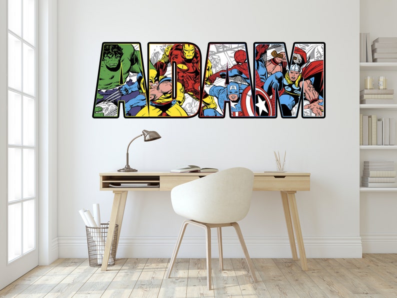 Personalized Superhero Wall Stickers Custom Name Children's Popular Characters Room Decorations Removable Decal Home Decor Art Kids Mural image 2