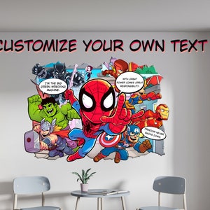 Personalized Superhero Comics Wall Stickers Custom Name Children's Popular Characters Room Decorations Removable Decal Home Decor Art image 1