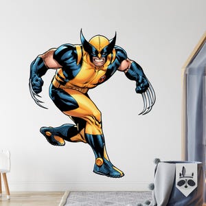 May include: A yellow and blue superhero character with claws, running and looking to the right. The character is wearing a yellow and blue costume with a black mask.