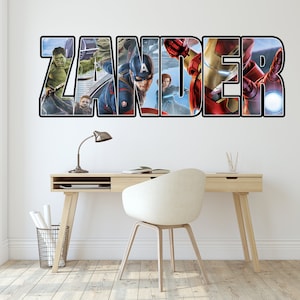 Pegatinas de pared de superhéroes personalizadas con nombre personalizado, personajes populares para niños, decoraciones para habitación, calcomanías extraíbles, decoración del hogar, arte 01
