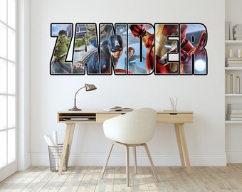 Gepersonaliseerde superheld muurstickers aangepaste naam kinderen populaire karakters kamer decoraties verwijderbare sticker home decor kunst 01