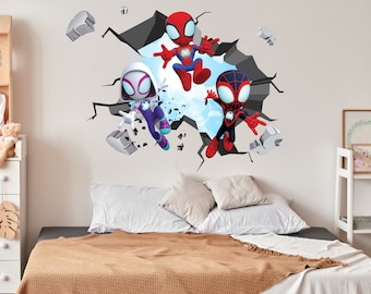 May include: Three cartoon Spider-Man characters breaking through a wall. The characters are red and blue, white and purple, and black and red. The wall is gray and has cracks.