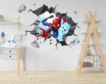 May include: A red and blue Spiderman character breaks through a cracked wall with a 3D effect. The wall is gray and the background is a light blue sky with white clouds.