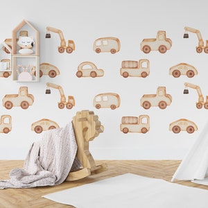 Muurstickers houten auto's en vrachtwagens - kinderkamerdecoratie, aquarel muurkunst muurstickers