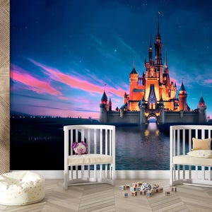 May include: A nursery room with a white crib, two white rocking chairs, and a white beanbag chair. The wall is decorated with a mural of a pink and blue sky with a large castle in the center.
