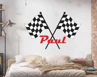 Autocollant mural de course pour chambre d'enfant, drapeaux à damier, voiture de course, OR45