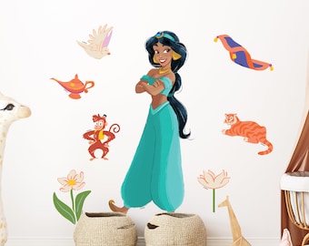 Op de afbeelding: Een set kleurrijke muurstickers met personages uit de Disney-film Aladdin. De stickers bevatten Jasmine, Abu de aap, Rajah de tijger, een magische lamp, een vliegend tapijt en een vogel. De stickers zijn perfect om elke kinderkamer een vleugje Disney-magie te geven.
