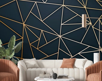 Abstract Golden Navy Geometric Line Art Pattern Designer Wallpaper for Living Room / Bedroom Home Decor Wall Art Mural