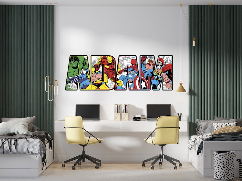 Personalized Superhero Wall Stickers Custom Name Children's Popular Characters Room Decorations Removable Decal Home Decor Art Kids Mural image 3