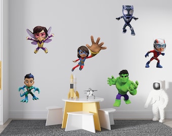 May include: A set of six superhero wall decals featuring characters like a green Hulk, a black Panther, a girl with wings, and a girl with a red suit. The decals are perfect for a child's bedroom or playroom.