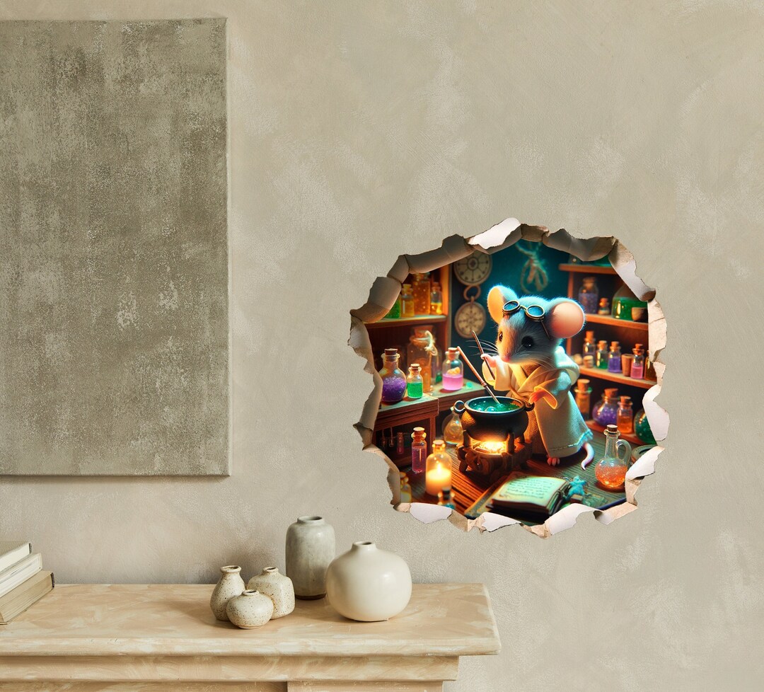 Mouse Making Potions - Whimsical Mouse Hole Wall Decal Sticker - 3D ...