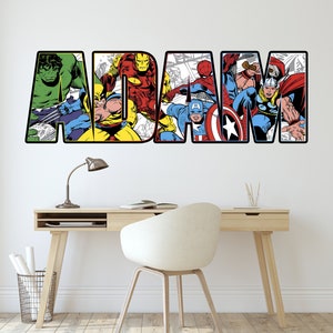 Personalized Superhero Wall Stickers Custom Name Children's Popular Characters Room Decorations Removable Decal Home Decor Art Kids Mural image 1