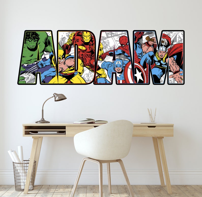 Personalized Superhero Wall Stickers Custom Name Children's Popular Characters Room Decorations Removable Decal Home Decor Art Kids Mural image 1