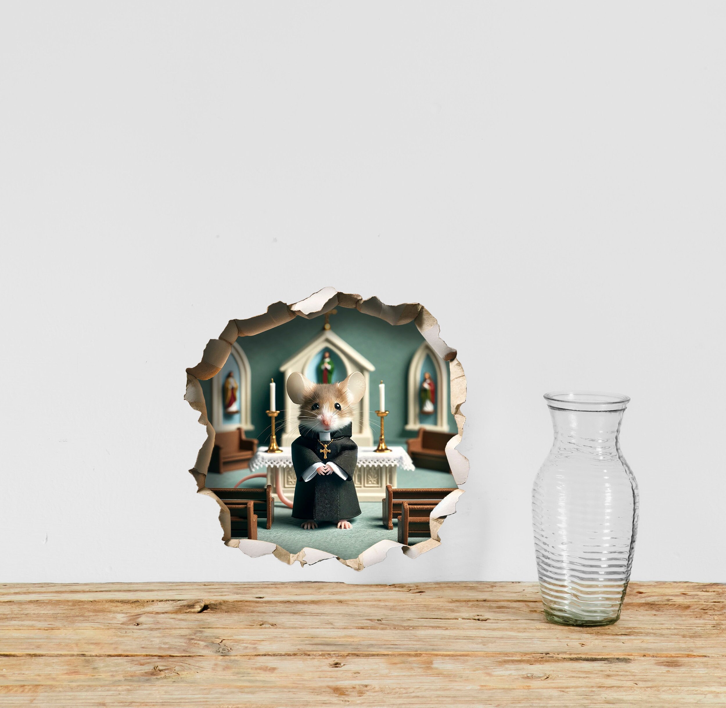 Church Priest Mouse In Mouse Hole Wall Decal - 3D Peel & Stick Sticker For Indoor Walls, 5x5 Inches - View #6