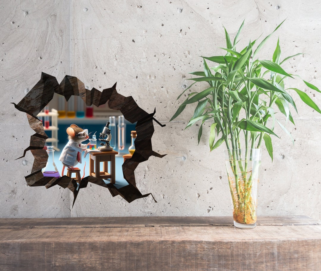 Scientist Mouse - Whimsical Mouse Hole Wall Decal Sticker - 3D Cute ...