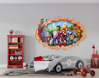 Supereroi Personaggi popolari per bambini Decorazioni per la stanza Adesivi murali riposizionabili rimovibili Decalcomania Home Decor Art Brick Smashed Hole