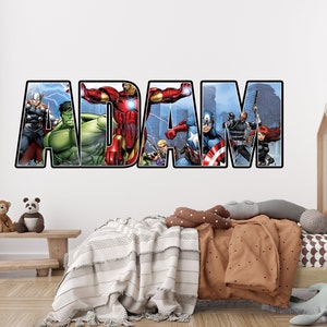 Pegatinas de pared de superhéroes personalizadas con nombre personalizado, personajes populares para niños, decoraciones para habitaciones, calcomanías extraíbles, decoración artística para el hogar