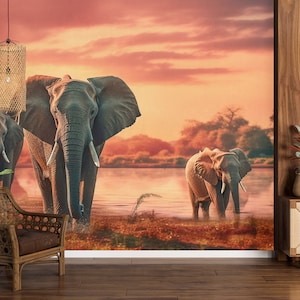 Incredibile dipinto di elefanti africani safari tramonto carta da parati per soggiorno camera da letto arredamento casa arte murale