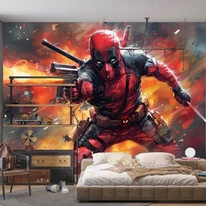 Peut inclure: Un personnage de super-héros rouge et noir avec un masque et une épée, debout sur un fond de feu. Le personnage porte un costume rouge et noir avec une ceinture et une épée. L'arrière-plan est de couleur orange et jaune feu.
