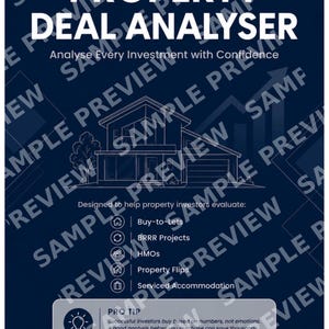 May include: A dark blue informational flyer titled PROPERTY DEAL ANALYSER with the subtitle Analyse Every Investment with Confidence. It features a house outline and a list of investment types including Buy-to-Lets, BRRR Projects, HMOs, Property Flips, and Serviced Accommodation, plus a PRO TIP section.
