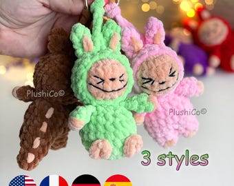 Smiling Bunny Keychain CROCHET PATTERN, Keyring Amigurumi Labubu Plushies, Creepy Cute Rabbit Monsters Toy, Ugly sweet Lafufu/Zimono Keyring