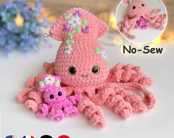 Squid Crochet Pattern, Mama & Baby No Sew Interactive Amigurumi, Mothers Day/Baby Shower Gift Idea, Easy Beginner PDF