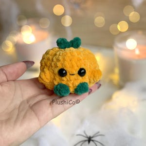May include: A plush, orange pumpkin with a green stem and feet. The pumpkin has large black eyes and a small smile. The product is handmade and has the text "PlushiCo" on the bottom.