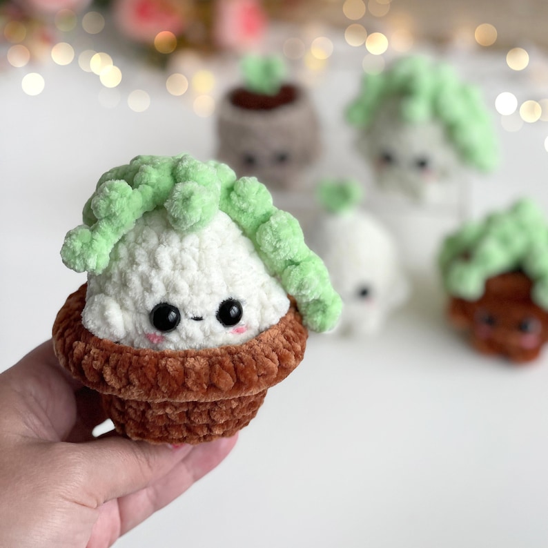 May include: A small, round, crocheted plush toy shaped like a potted plant. The base is brown, the center is white with black bead eyes and pink cheeks, and the top features textured, light green, leafy crochet details resembling a succulent.