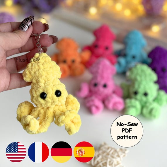 Squid Keychain Crochet PATTERN, No Sew Mini Amigurumi, Baby Octopus Keyring, Small Bag Charm