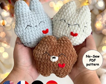 Bunny, Bear, Cat Crochet Patterns 3in1: No-Sew Flat Amigurumi, Valentines Day Plushies