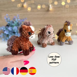 May include: Three handmade crochet horse plushies in shades of brown, tan, and pink. Each plush horse has a small white marking on its forehead and a dark brown bridle. The text "Low-Sew PDF pattern" is visible.
