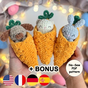 Easter CROCHET PATTERN – Bunny, Kitty, Dog in Carrot, No-Sew Hatching Amigurumi Plushies