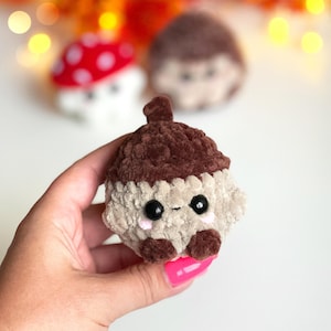 May include: A handmade, plush acorn with a brown cap and a beige body. The acorn has black eyes and a smiling face. Other plush toys, including a mushroom and a hedgehog, are visible in the background. The acorn is held in a hand.