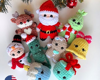 Christmas Crochet  PATTERNS 9in1, Amigurumi Santa, Baby Green, Reindeer, Gingerbread Man, Candle,Bell,Gift Box,Snowman, Bundle Doll Ornament