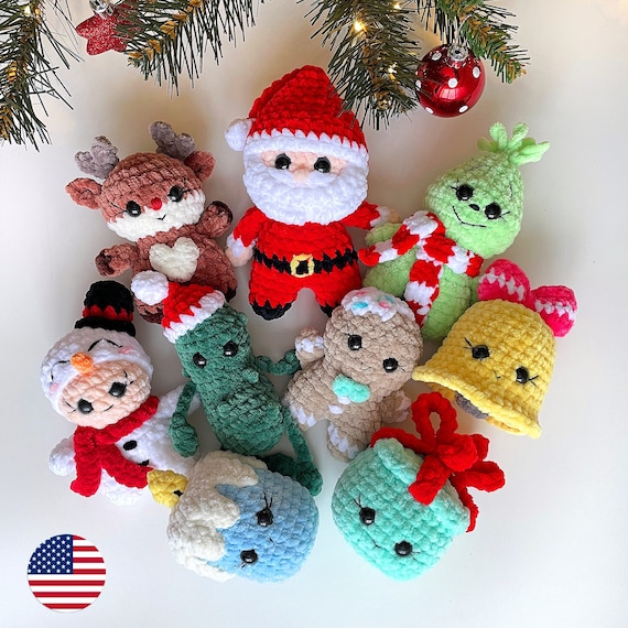 Christmas Crochet Patterns 9in1 Amigurumi Bundle: Santa, Baby Grinchie, Pickle, Reindeer, Gingerbread Man, Candle, Bell, Gift Box, Snowman