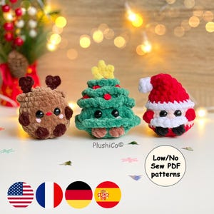 Patrones de adornos navideños a crochet – Reno, Árbol de Navidad y Papá Noel | No-Sew / Low-Sew Amigurumi PDF